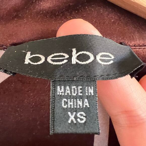 Bebe XS Brown Floral SILK Blend Henley Blouse 1/2 Balloon Sleeve Slim Fit - Picture 6 of 8